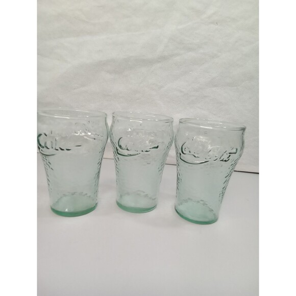 Coca-Cola 4" Pebbled Green Glass Cup Set Of 3 - Picture 2 of 5